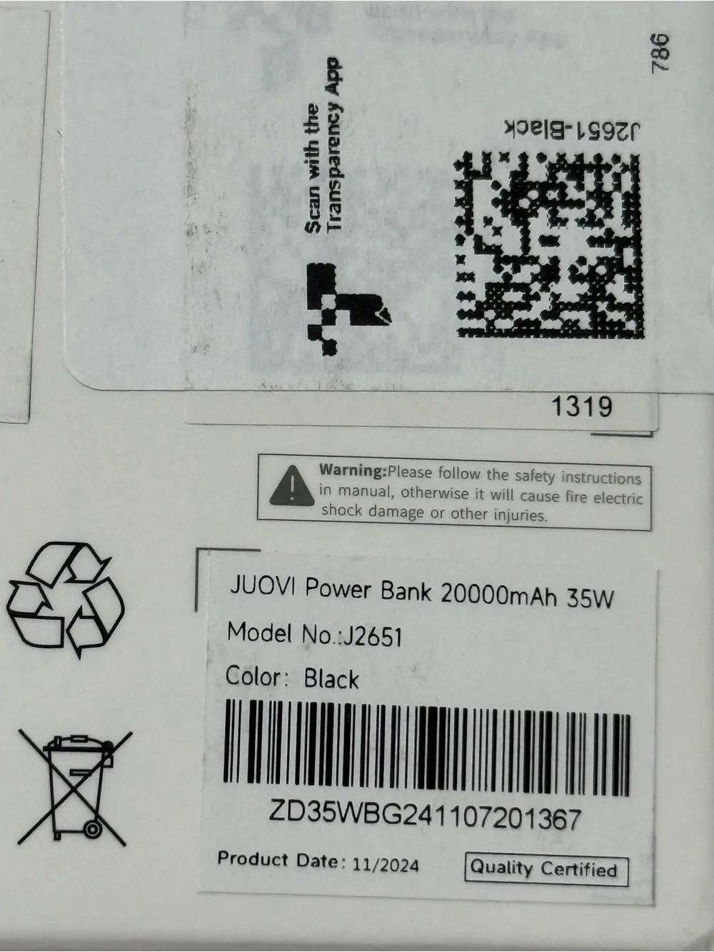JUOVI 35W 20000mAh Power Bank Fast Charger USB-C USB-A Portable Charger - Black